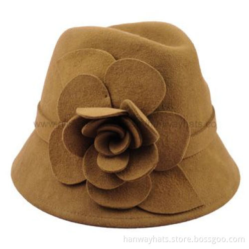 Women's Fashion Handmade Felt Hat with Self Hat Band and Flower Trim